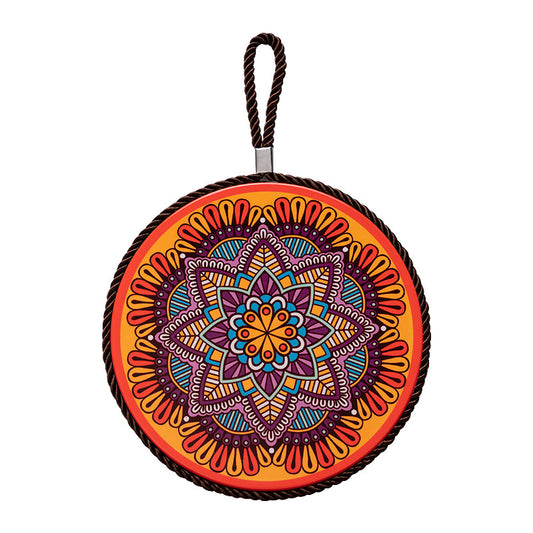 Round mandala pot trivet with colorful geometric pattern and hanging loop
