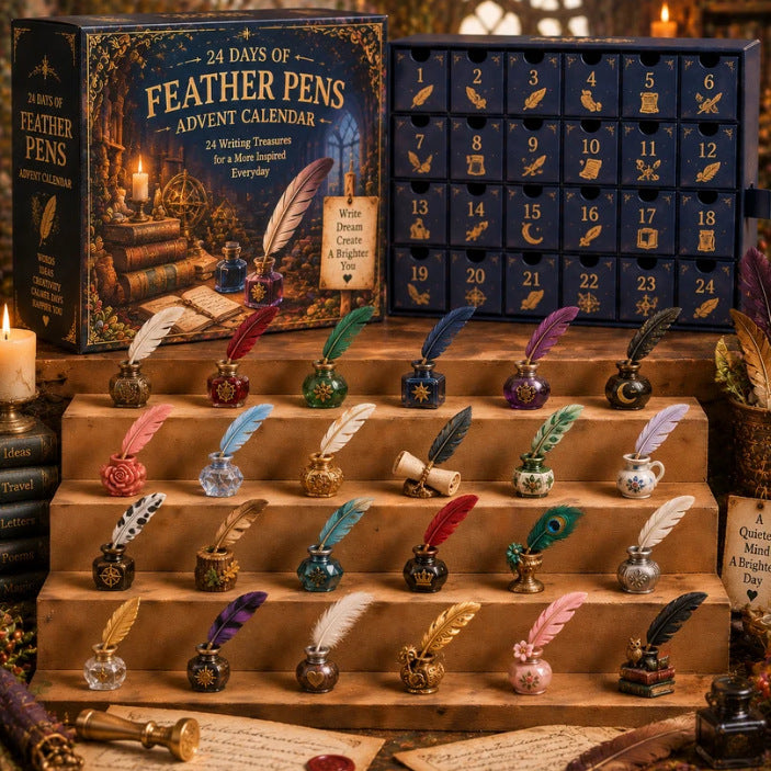 Feather pen advent calendar box and 24 miniature inkpots with feather pens displayed on steps.