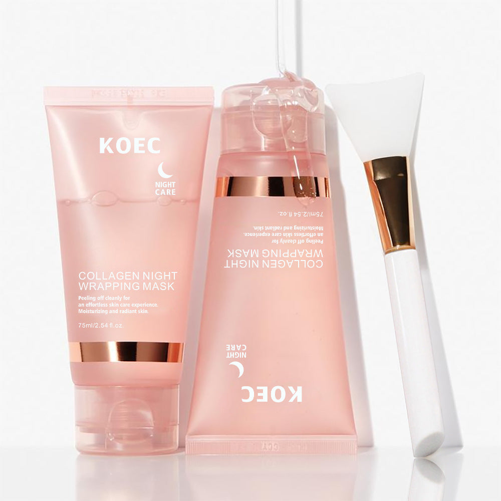 Two pink collagen night wrapping mask tubes and an application brush.