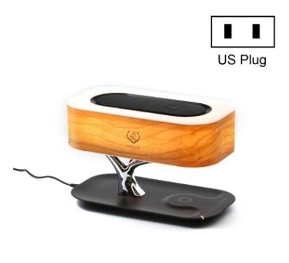 Wooden tree table lamp with integrated speaker and dark base, plus US plug icon.