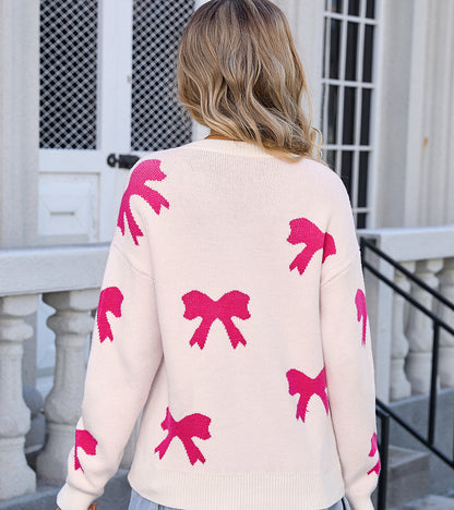 Warm Pullover with Jacquard Knit Bow Detail for Women with Draped Fit