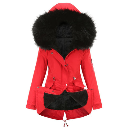 Red mid-length hooded parka coat with black faux fur trim and lining.