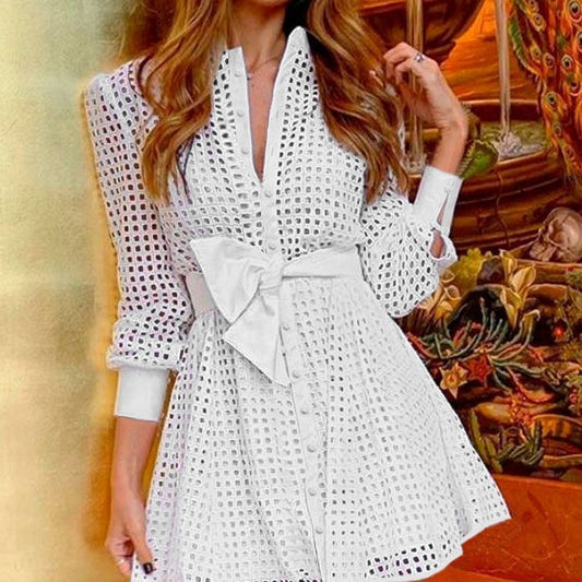 White Mesh Long Sleeve Shirt Dress - Fitted Waist Button Down Dress