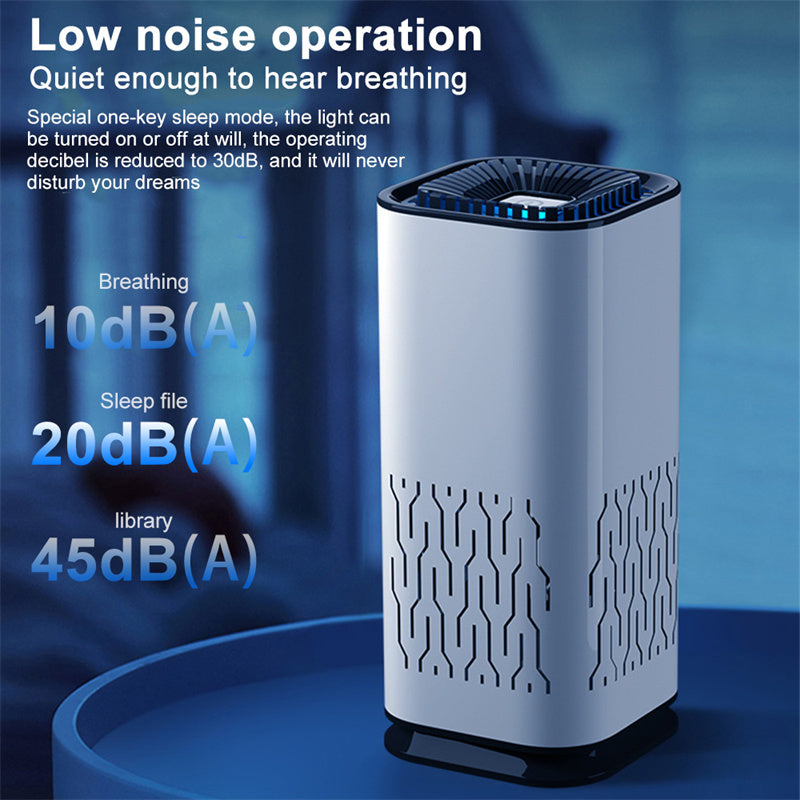 White cylindrical car air purifier with lower geometric vent pattern and blue top light, on a blue surface.
