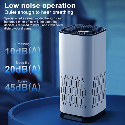 White cylindrical car air purifier with lower geometric vent pattern and blue top light, on a blue surface.
