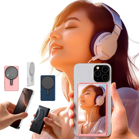 Magnetic wireless selfie monitor attached to the back of a smartphone, showing a display screen.
