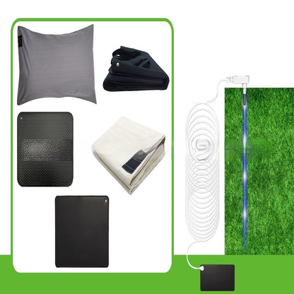 Grounding mat set including pillowcase, mats, and connecting wire plugged into ground.