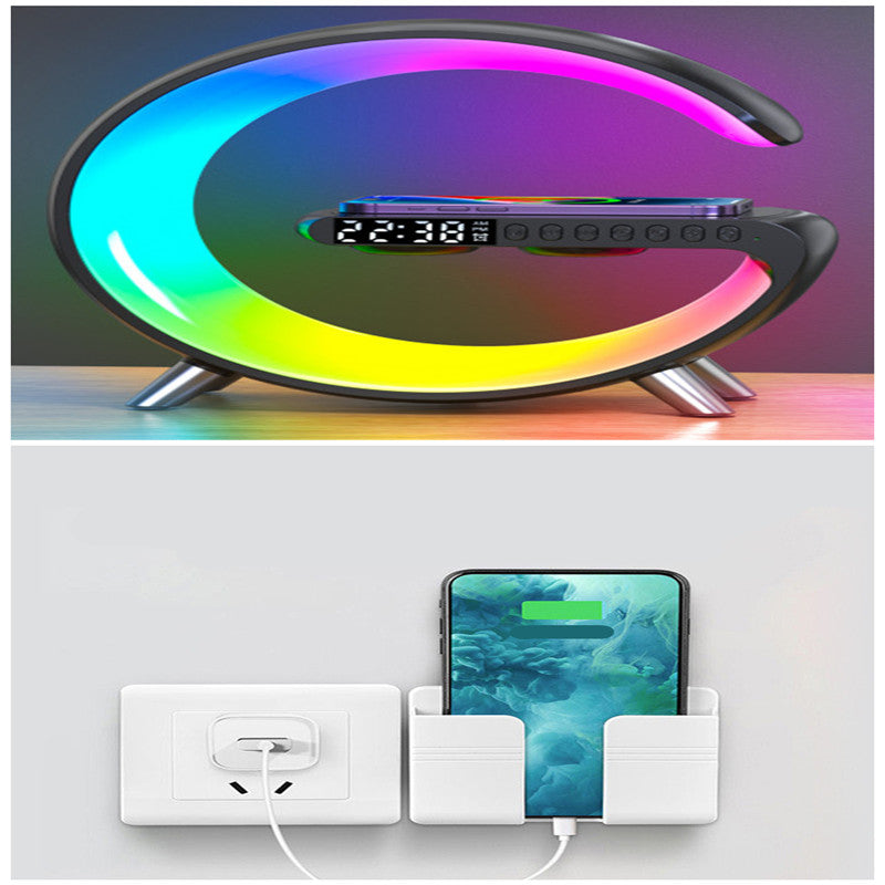 G-shaped black LED lamp with wireless charger and Bluetooth speaker for bedside desks and room lighting.