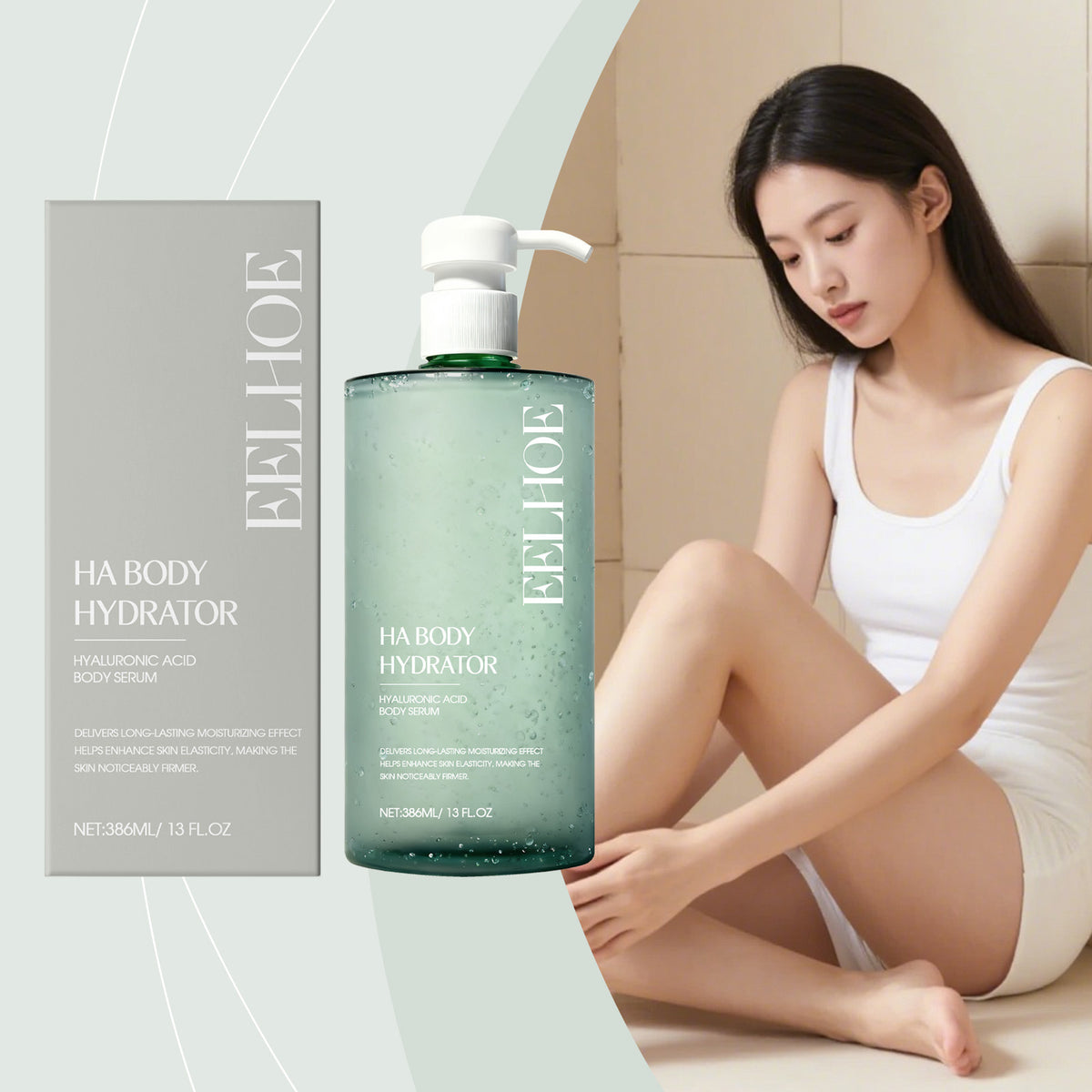 Body serum bottle and matching box with a woman seated in the background.