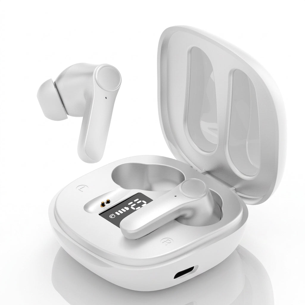 White wireless earbuds with charging case showing digital battery display and one earbud standing outside.