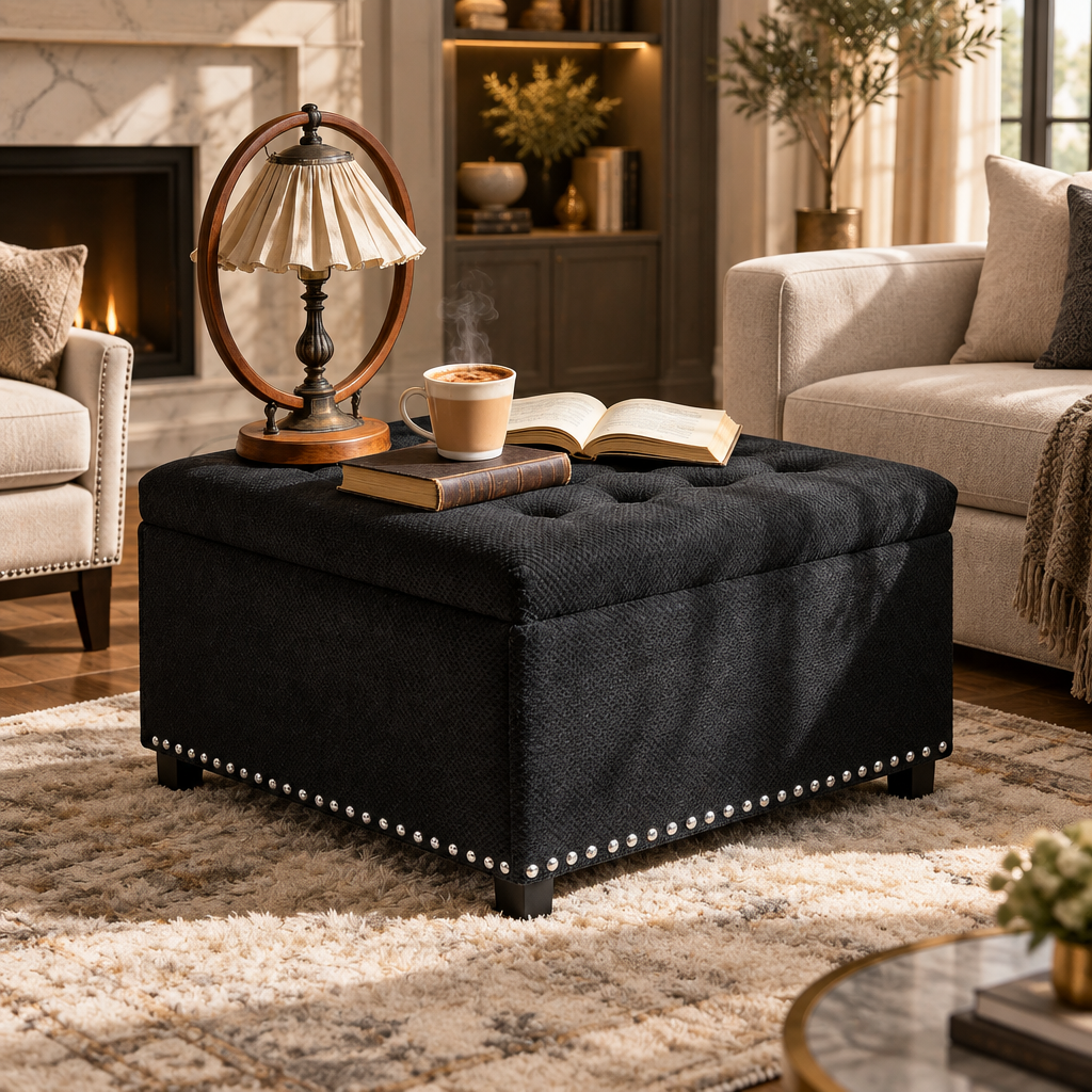 Tufted Square Storage Ottoman with Nailhead Trim in Black Fabric