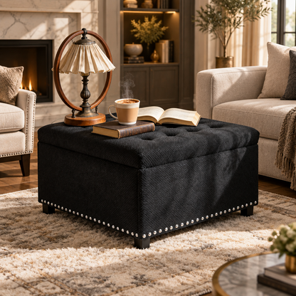 Tufted Square Storage Ottoman with Nailhead Trim in Black Fabric
