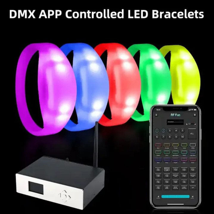 Five glowing LED wristbands in purple, blue, red, green, and yellow alongside a control box and smartphone.
