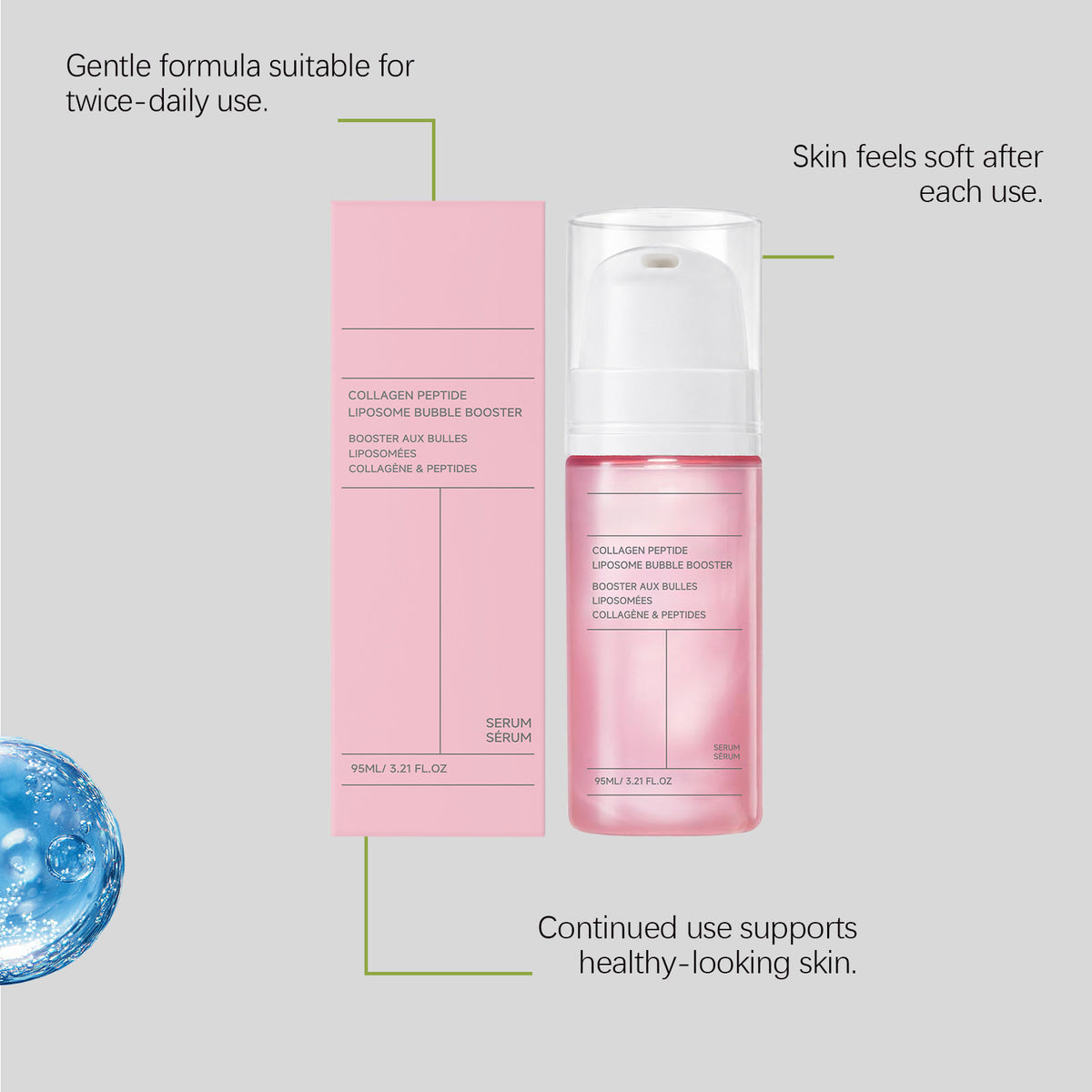 Pink pump bottle of collagen peptide serum next to its matching box with benefit callouts.
