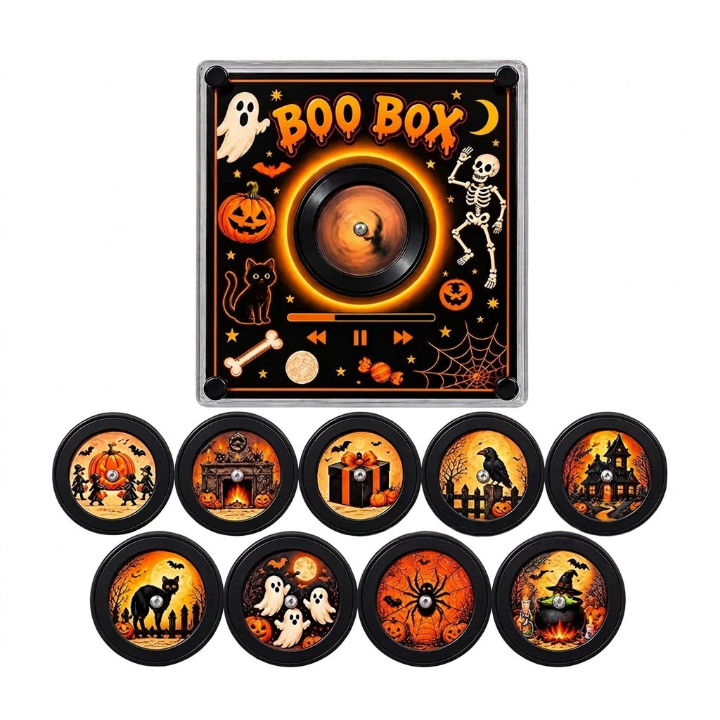 Halloween music player with ghost and pumpkin artwork and round Halloween song discs.