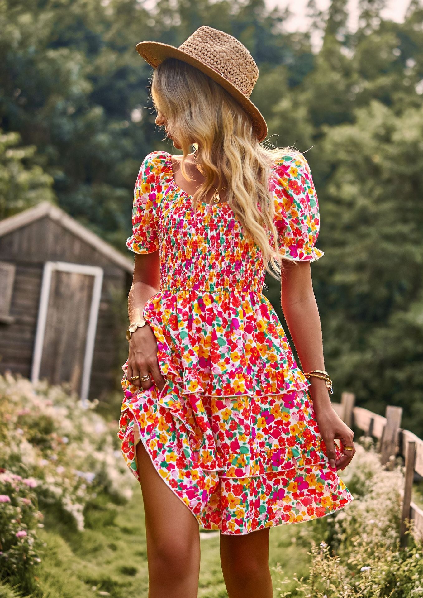 Floral Dress with Off Shoulder Ruffle Hem and High Waist Silhouette