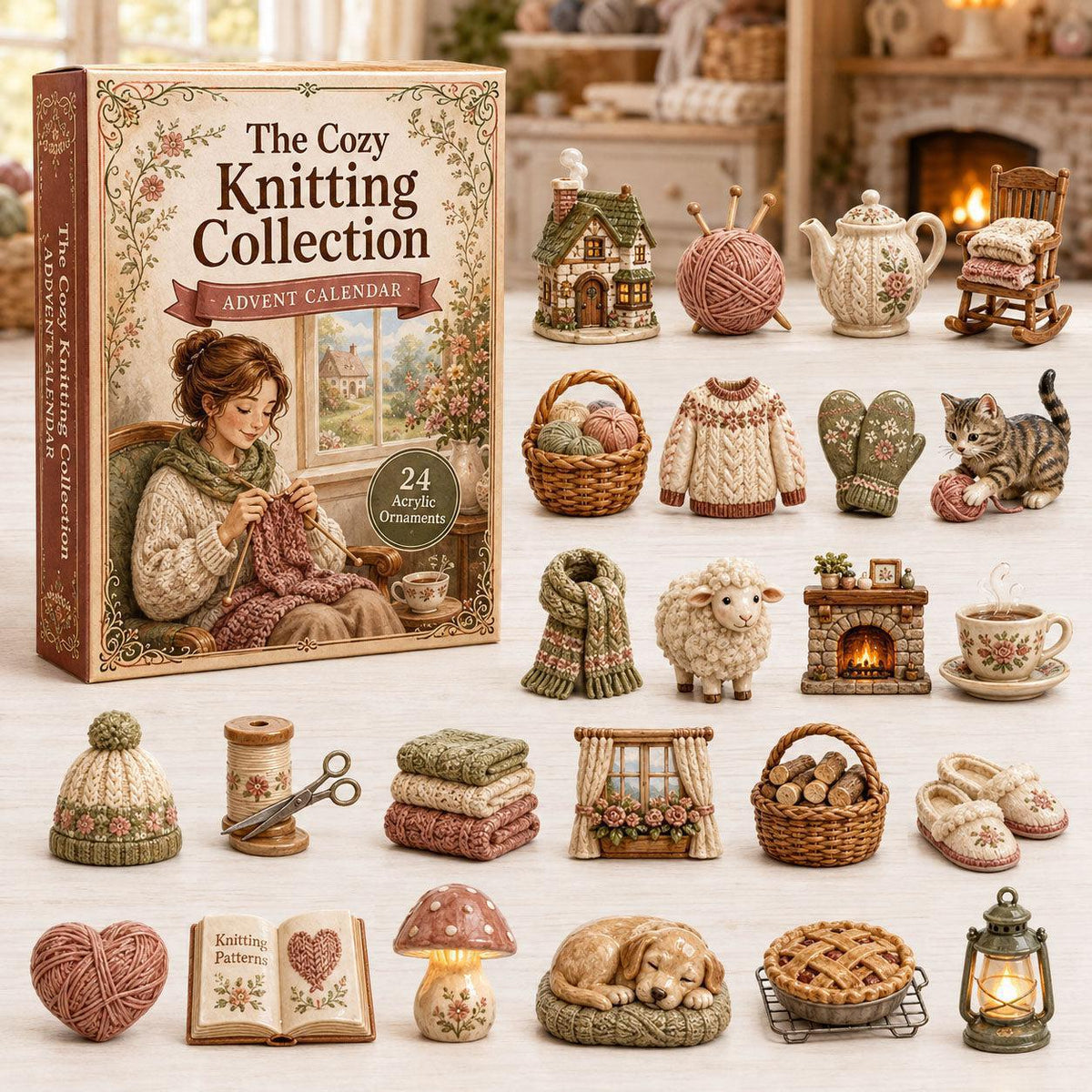 Knitting advent calendar box with 24 miniature ornaments displayed beside it.