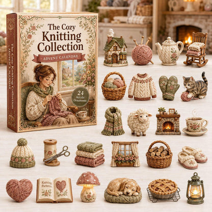 Knitting advent calendar box with 24 miniature ornaments displayed beside it.