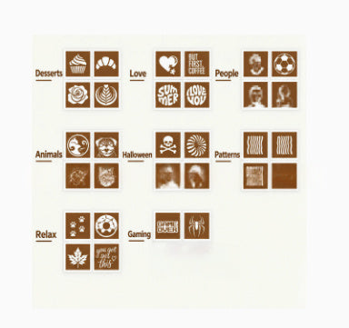 Latte art design templates featuring desserts, love, people, animals, halloween, patterns, relax, and gaming themes