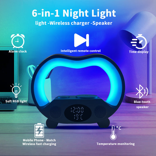 2026 New 6 In 1 Smart Remote Control Bluetooth-compatible Ambience Intelligent LED Table Lamp Multi-function Wireless Charger Night Light Bluetooth-compatible Speaker