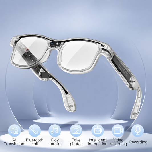 Clear frame smart glasses with built-in camera and electronics visible in the arms, floating above feature icons.
