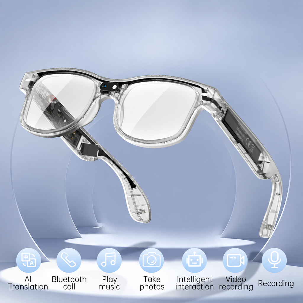 Clear frame smart glasses with built-in camera and electronics visible in the arms.