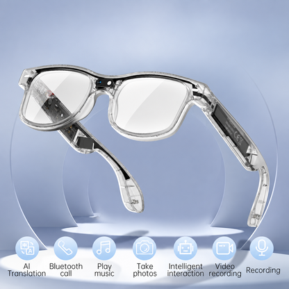 Clear frame smart glasses with built-in camera and electronics visible in the arms.
