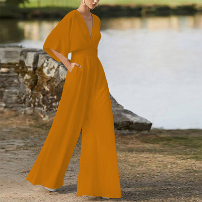 Wireless Jumpsuit with Deep V-Neck and High Waist for Women