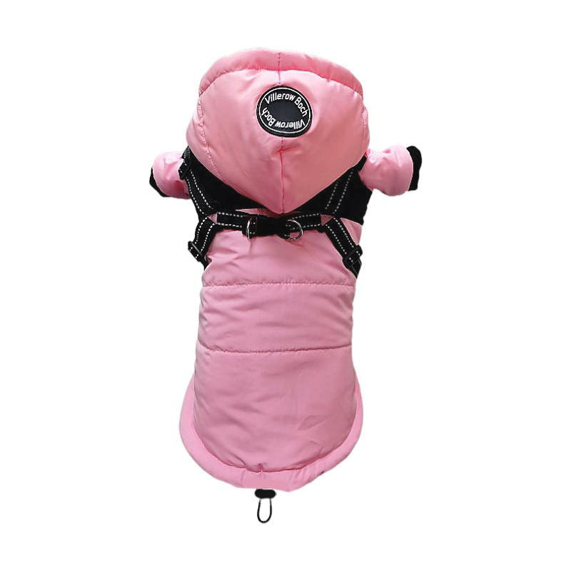 Pink quilted dog coat with a built-in black harness and hood, viewed from the back