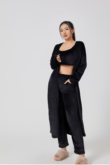 Warm Three-Piece Pajama Set with Cardigan Crop Top and Wide Leg Everyday Pants for Women