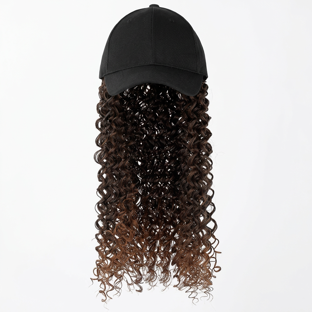 Close view of the curls on the long hat wig