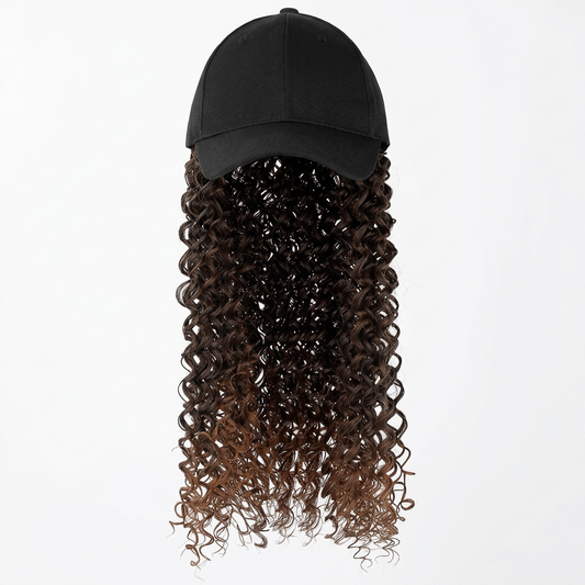 Close view of the curls on the long hat wig