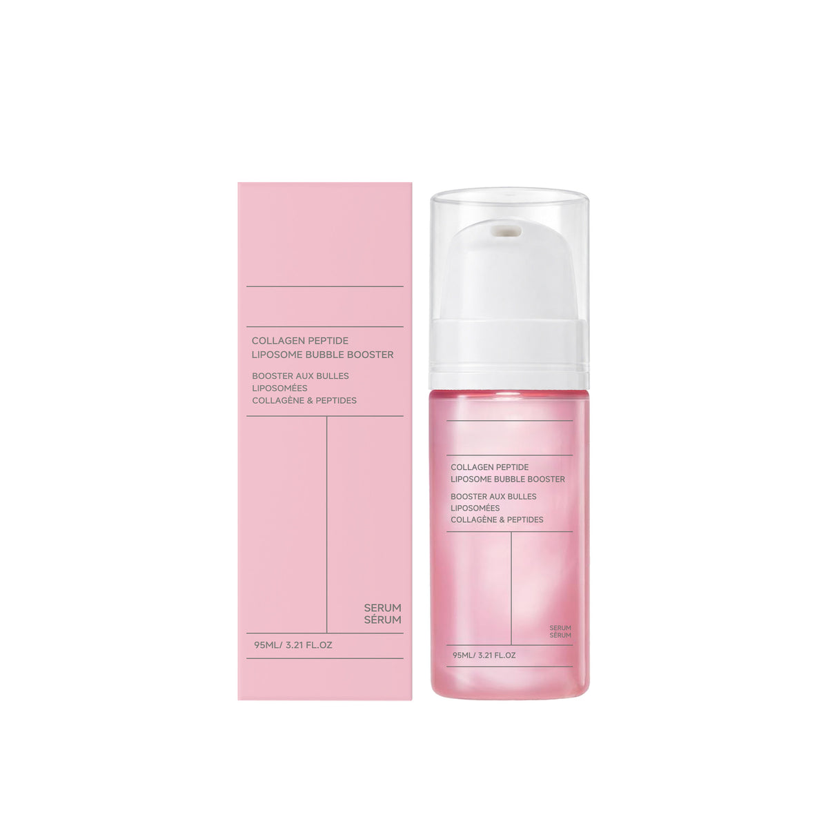 Pink collagen peptide liposome bubble booster serum bottle next to matching pink box.