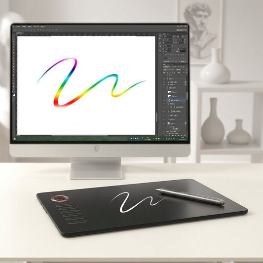 Black drawing tablet with stylus and shortcut buttons on a desk before a monitor.