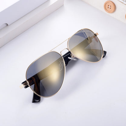 Gold-rimmed aviator smart wearables with polarized lenses for real-time translation during travel.