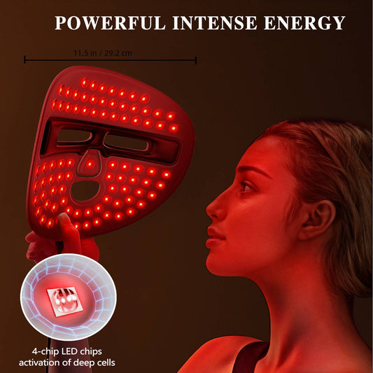 Woman holding a red light therapy facial mask with an inset showing LED chip detail.