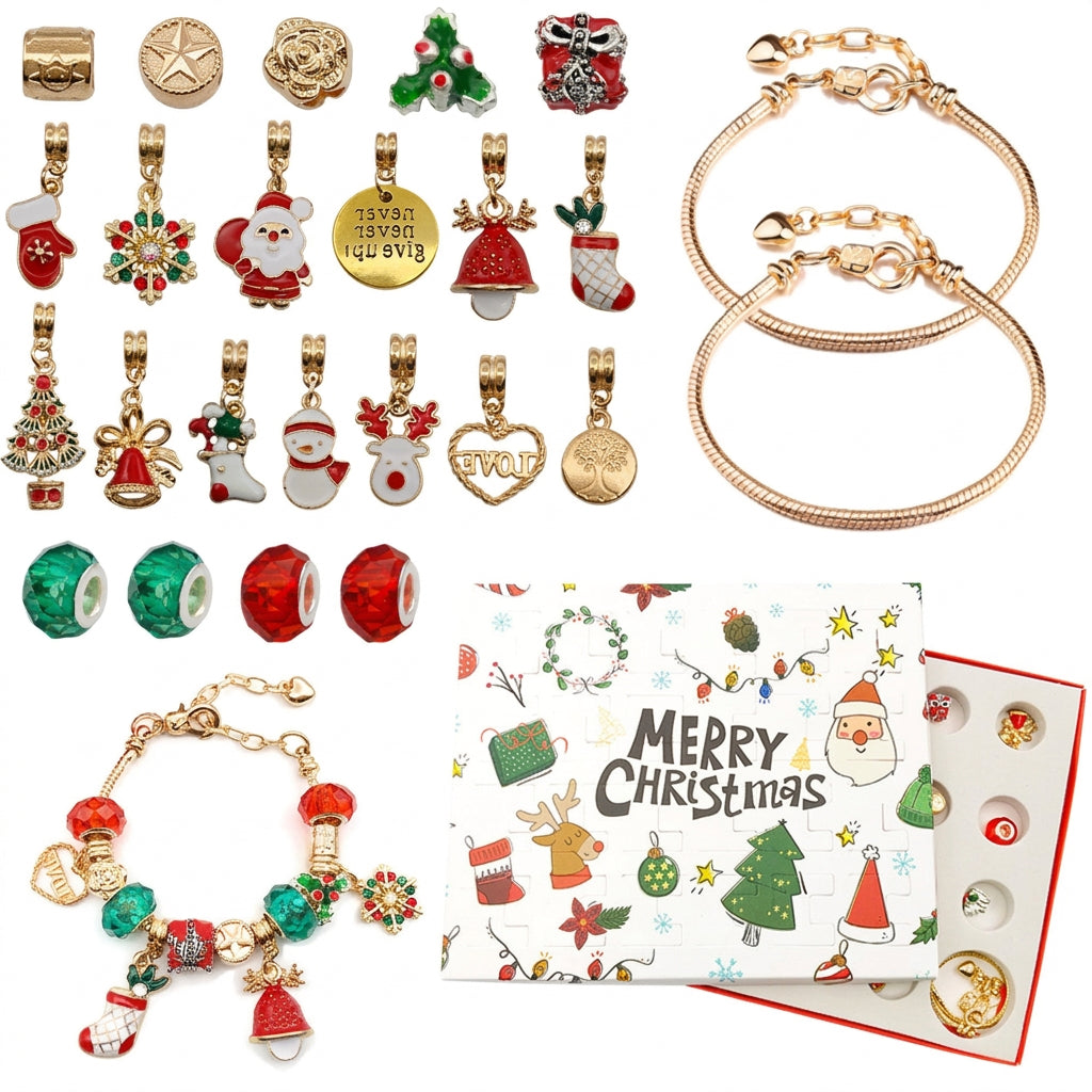 Christmas jewelry advent calendar set with holiday charms, two gold bracelets, and open box.