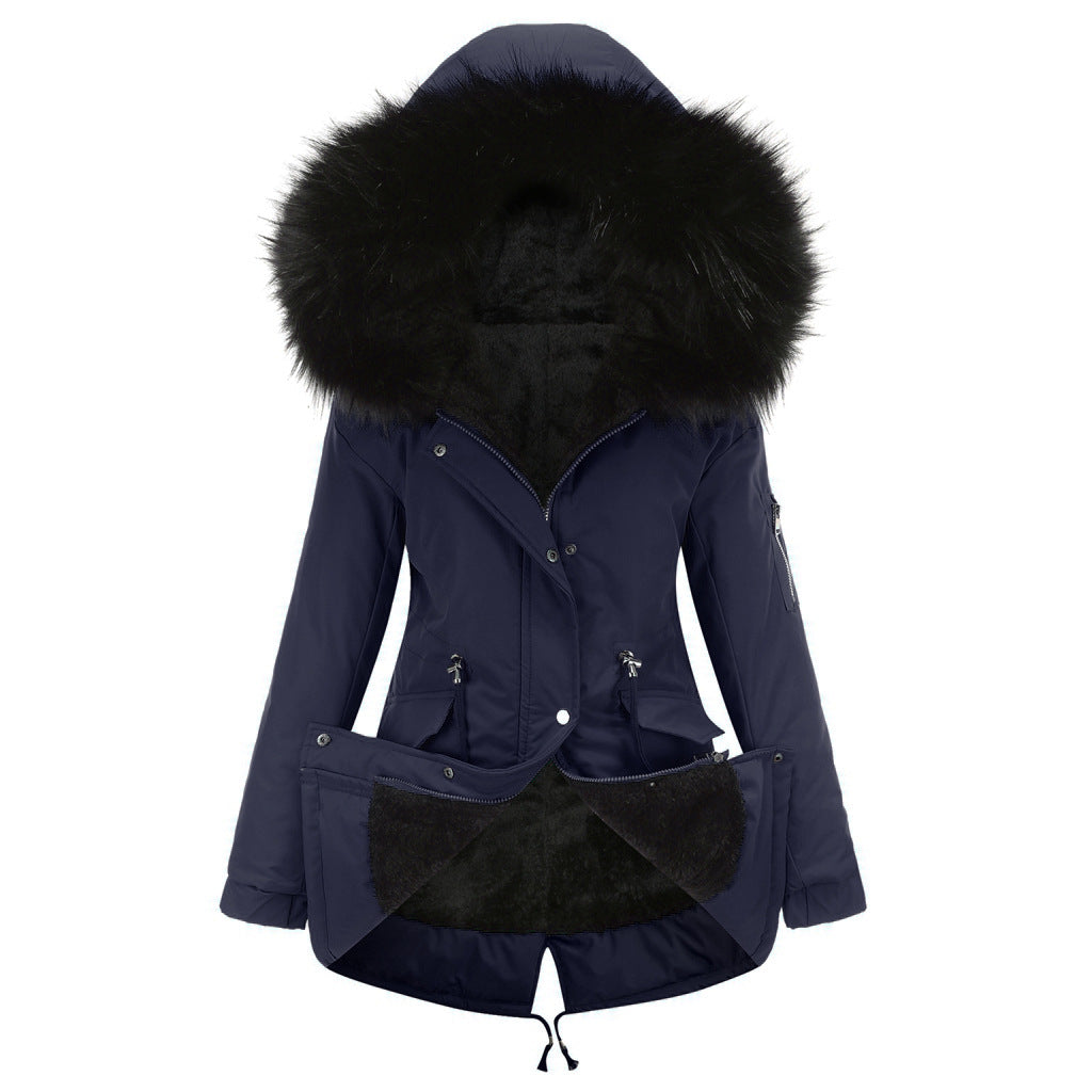 Navy blue hooded parka coat with black faux fur trim and lining.