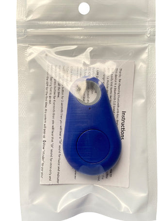 Blue teardrop-shaped plastic Bluetooth tracker with a keyring hole for finding keys and bags.