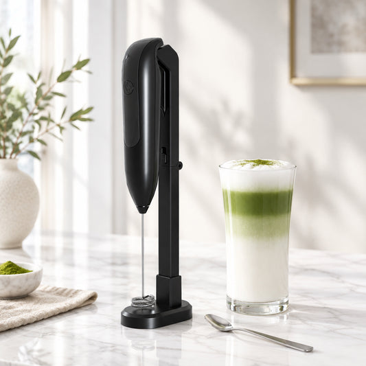 Black cordless electric frother on stand next to a tall glass of matcha latte on a marble countertop.