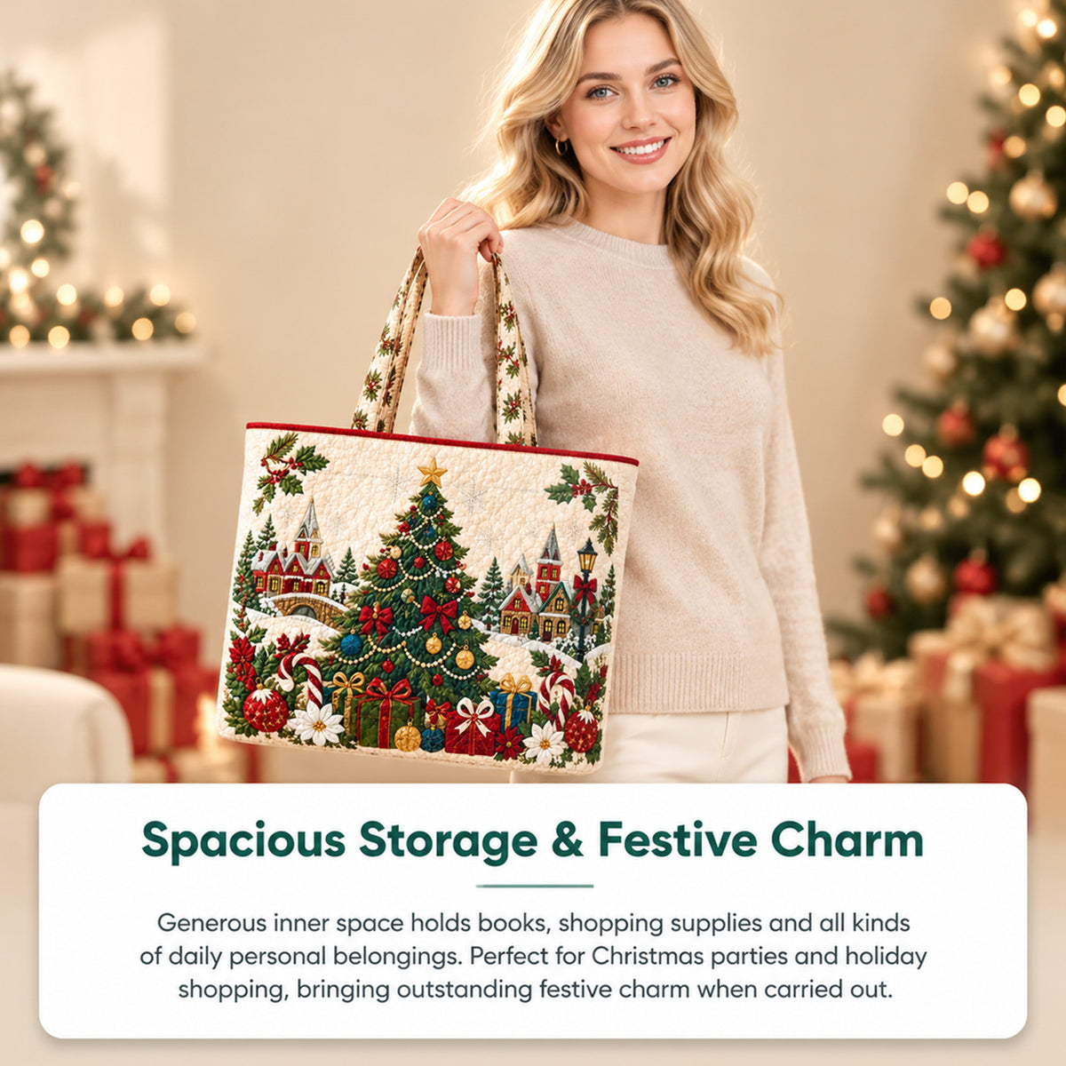 Woman holding a quilted Christmas tote bag with Christmas town scene