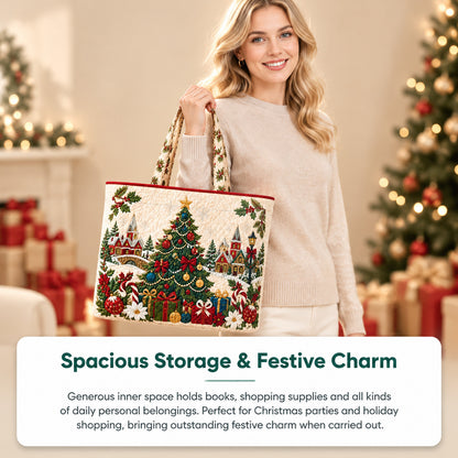 Woman holding a quilted Christmas tote bag with Christmas town scene