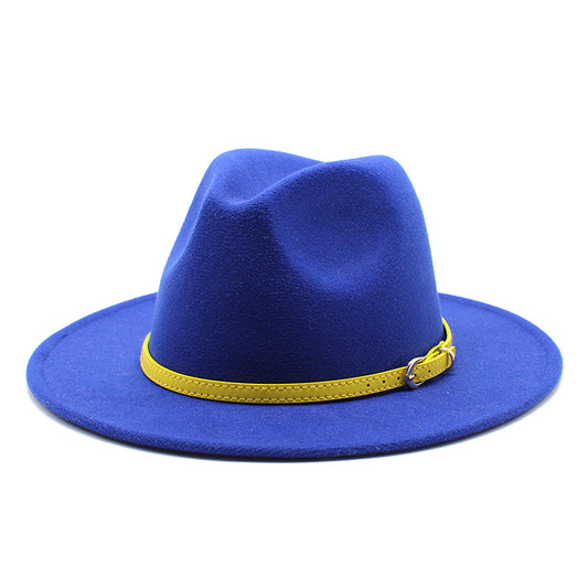 Blue wide-brim fedora hat with a yellow strap and metal buckle.