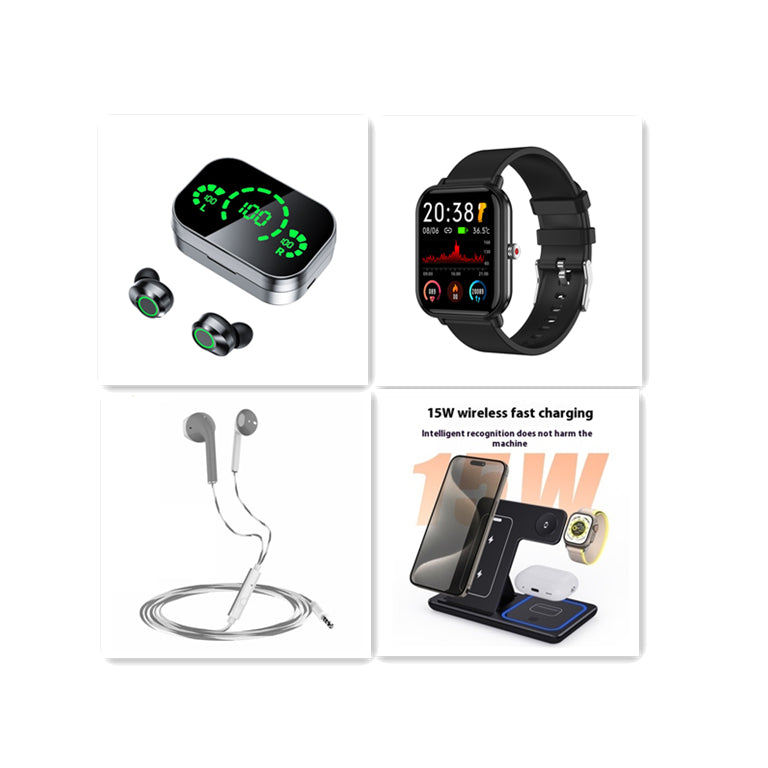 Product collage with earbuds, smartwatch, wired earphones and charging stand