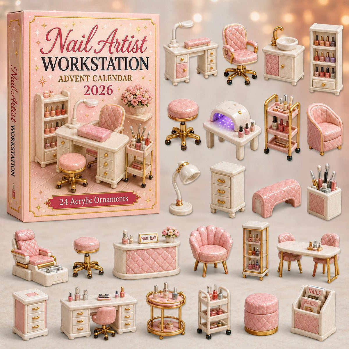 Miniature pink and white nail artist workstation advent calendar with twenty-four tiny salon furniture and accessory pieces.