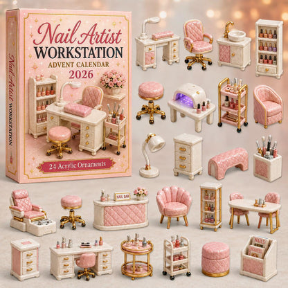 Miniature pink and white nail artist workstation advent calendar with twenty-four tiny salon furniture and accessory pieces.
