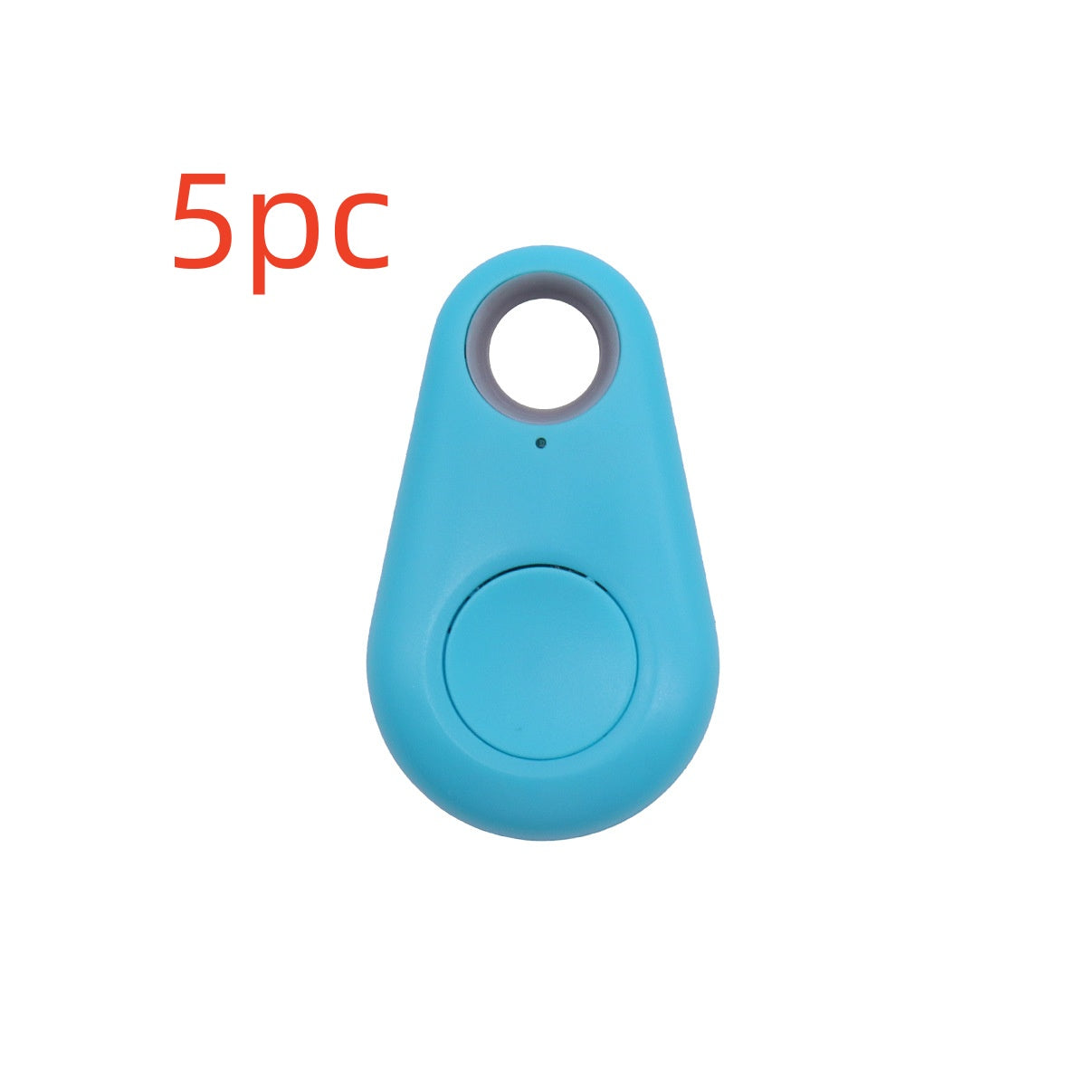 Blue, teardrop-shaped plastic Bluetooth tracker with a gray ring for keys and bags.