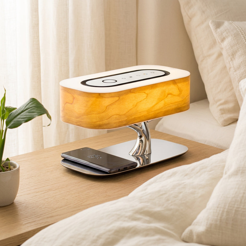 Wood-grain bedside table lamp with tree-branch base and wireless charging pad holding a smartphone