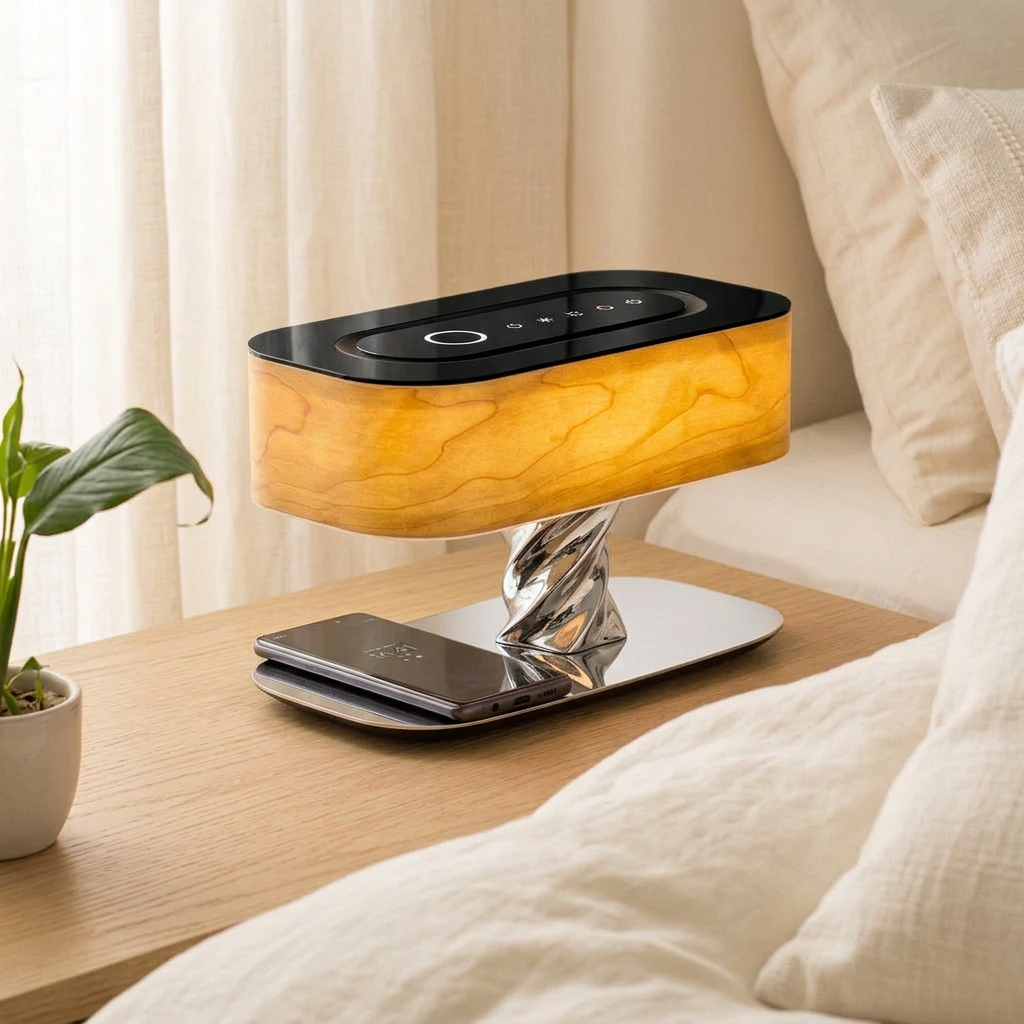Wooden table lamp with a glowing oval shade and a shiny twisted chrome base on a bedside table with a charging phone.