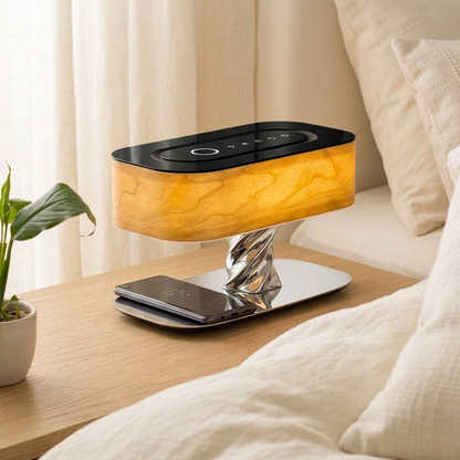Wooden table lamp with a glowing oval shade and a shiny twisted chrome base on a bedside table with a charging phone.
